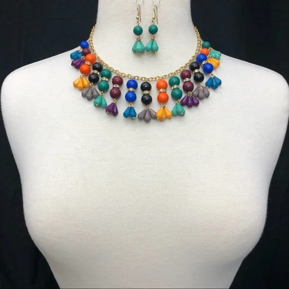 Multicolor Cascading Bead Drop Dramatic Bold Statement Necklace Earrings Set - Picture 2 of 3